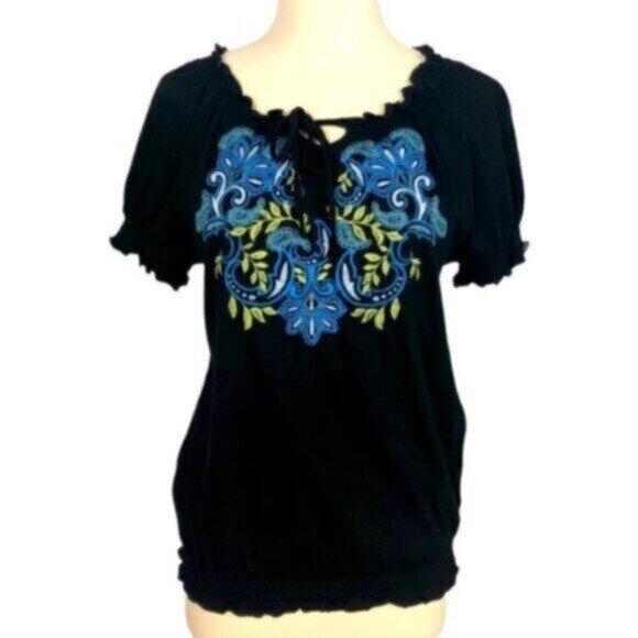 Croft & Barrow | Blue Embroidery Tie Neck Short Sleeve Top Size Small - Picture 2 of 9
